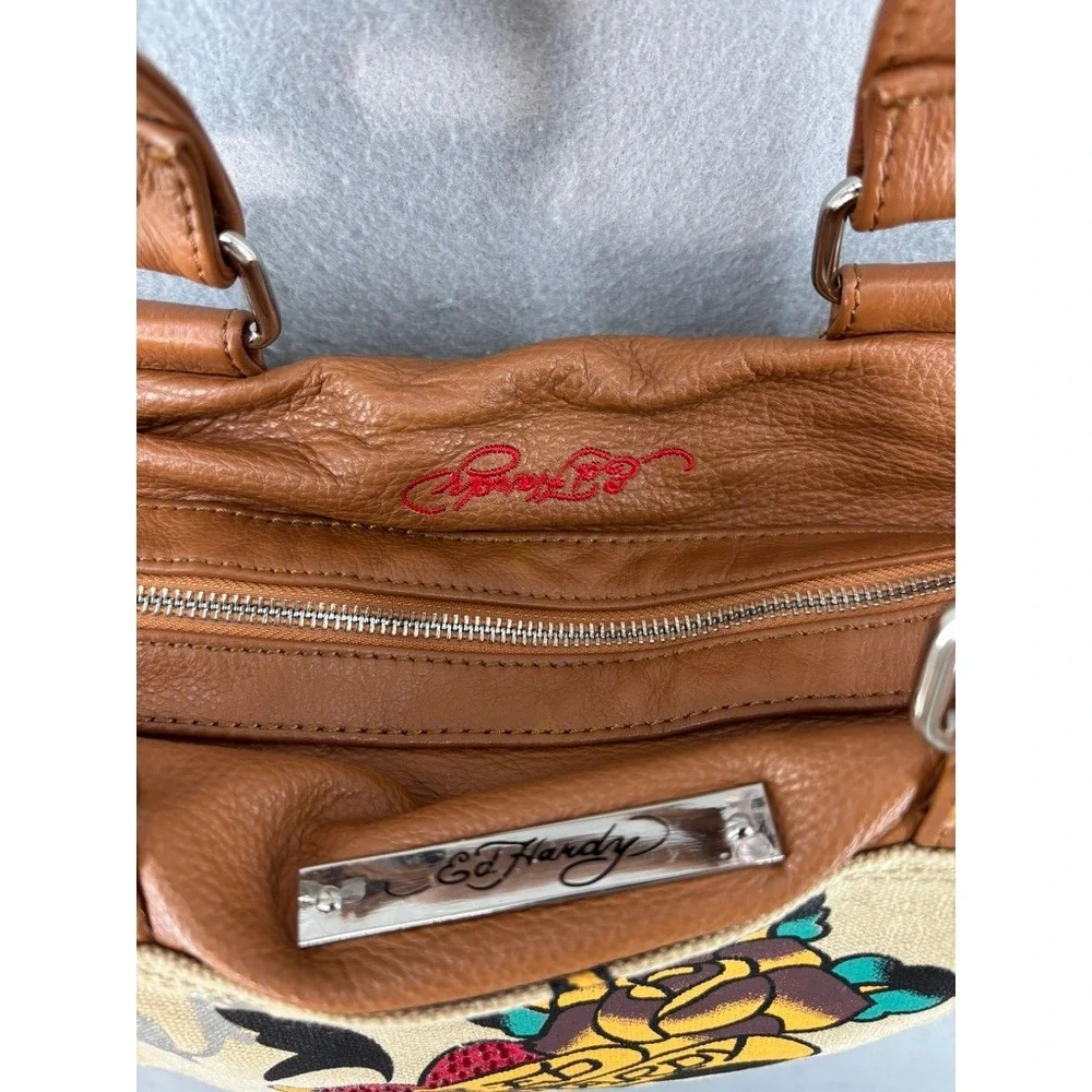 Ed Hardy Satchel Bag Tan Tattoo Graphic Rhinestone Love Eternal Y2K Retro